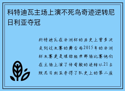 科特迪瓦主场上演不死鸟奇迹逆转尼日利亚夺冠