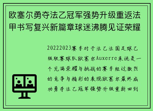 欧塞尔勇夺法乙冠军强势升级重返法甲书写复兴新篇章球迷沸腾见证荣耀时刻